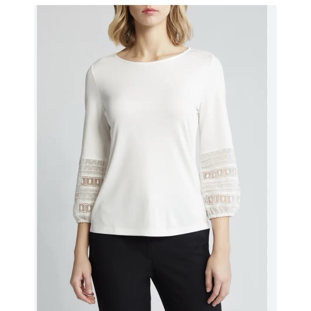 Anne Klein White 3/4 Lace Cutout Sleeve Blouse XL Boho Top Resort Party Career